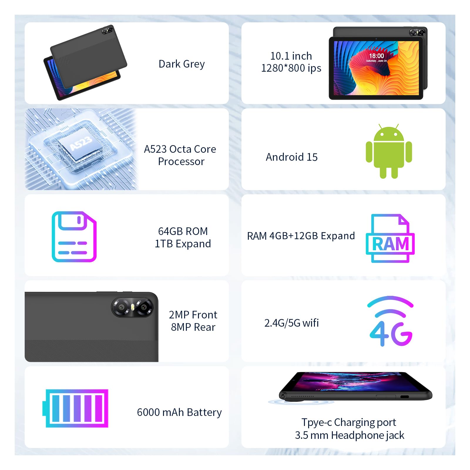 PRITOM 10-calowy tablet z klawiaturą i rysikiem, 16 GB, 64 GB ROM, Android 15, 1024 GB z możliwością rozszerzenia, Quad-Core, WLAN 6, 6000 mAh, tablet z klawiaturą, myszką