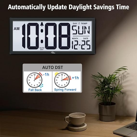 WallarGe 14.5'' Backlight Digital Wall Clock Battery Operated | Temperature and Date, Large Digital Display, Easy to Read and Set, Auto DST, Large Display for Garage, Office, Classroom
