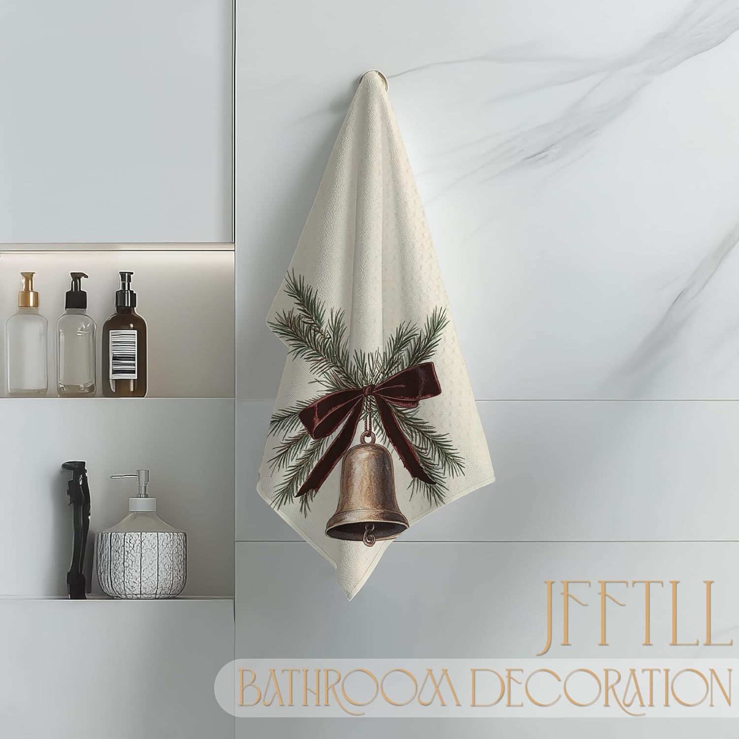 Vintage Christmas Kitchen Towels, Christmas Neutral Dish Tea Towels for Kitchen Decor, Ribbon Bow Bell Xmas Decorative Hand Towel for Bathroom, 16x24 Inch
