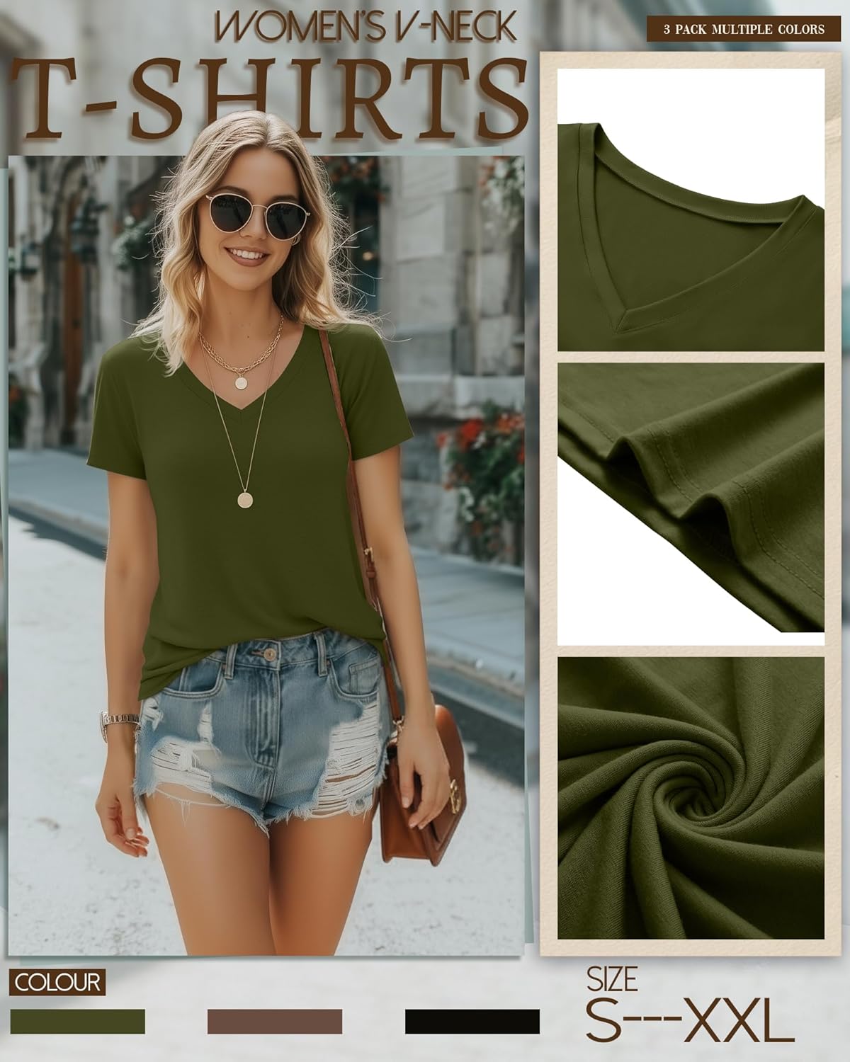 Riyiper 3 Pack Women's V Neck T-Shirts Short Sleeve Loose Fit Tops Casual Basic Trendy Straight Hem Plain Tees - Image 4