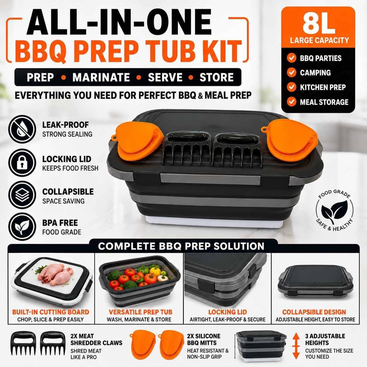 Collapsible BBQ Prep Tub 8L with Cutting Board & Locking Lid, Portable Food Prep Basin for Marinating, Washing & Serving, Camping & Grilling "Gift Idea image 5