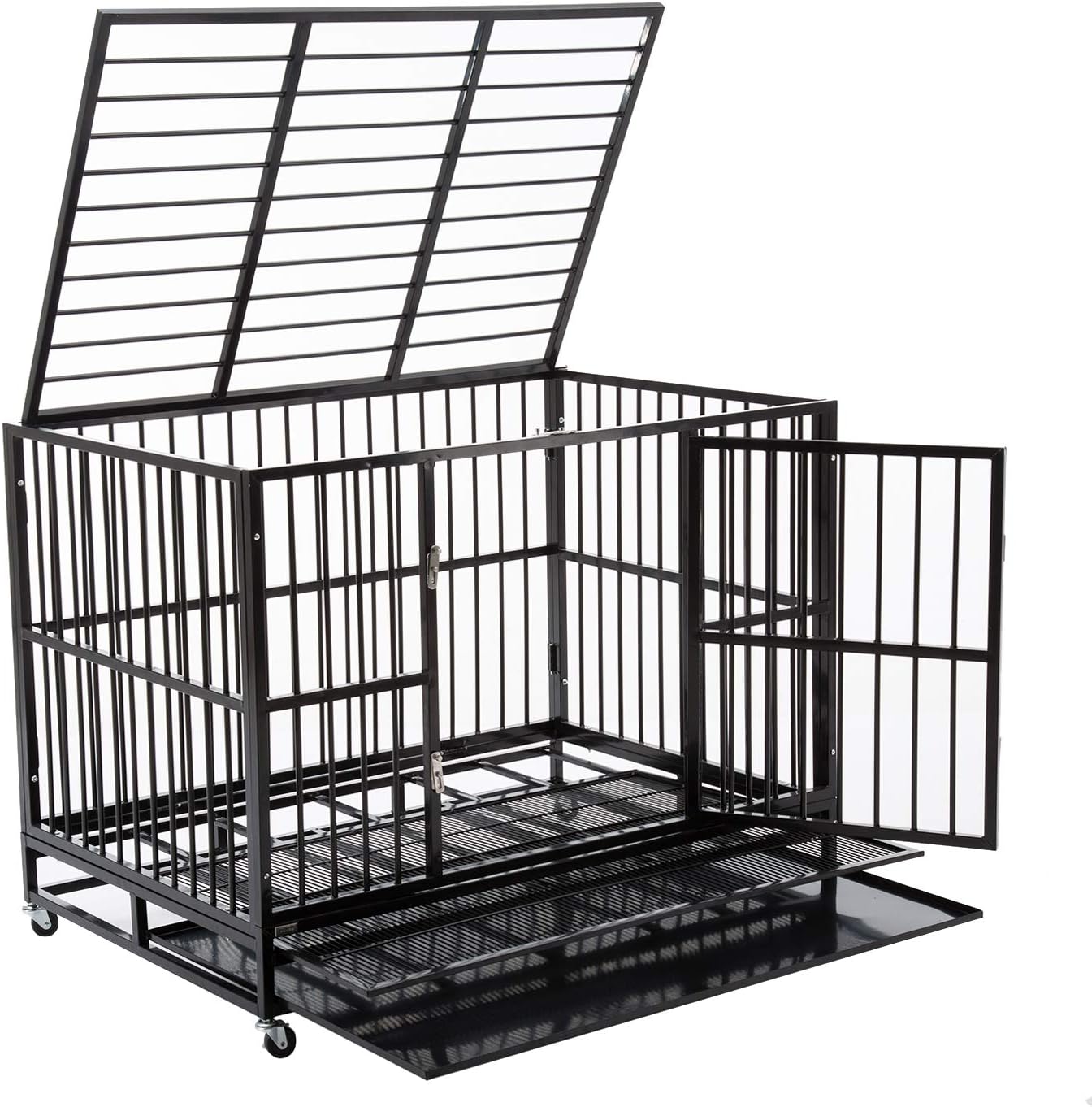 Sliverylake 3XL 48" Dog Cage Crate Kennel - Heavy Duty Double Door Pet Cage w/Metal Tray Wheels Exercise Playpen (48", Black)