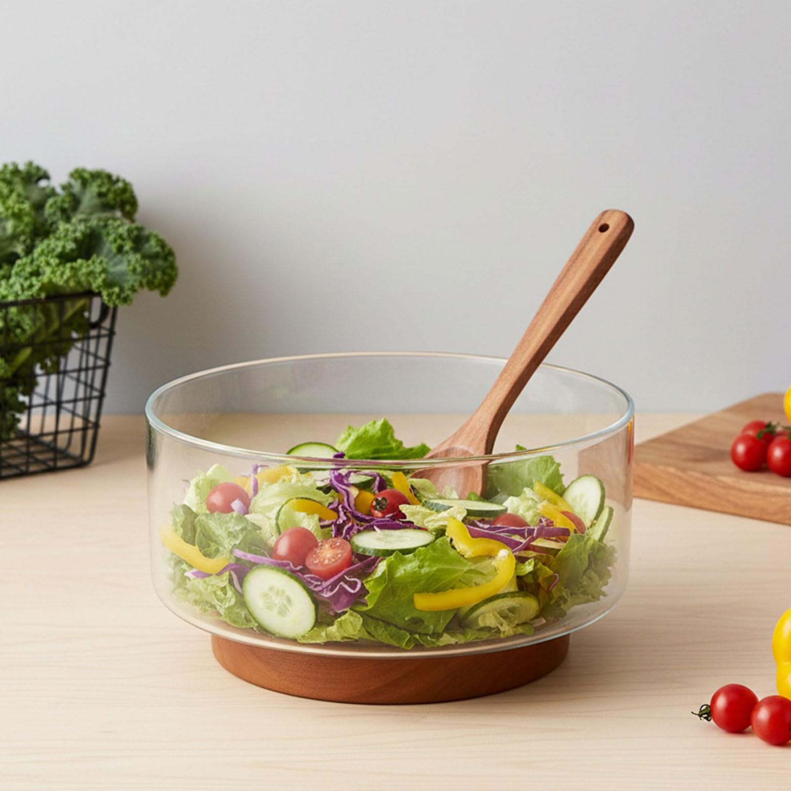4200ML Ensemble de Saladiers en Verre avec Base en Bois D'acacia, Élégant Bols de Fête Grande Capacité avec Ustensiles de Service à Salade Plat de Service Polyvalent pour Salades Fruits Desser
