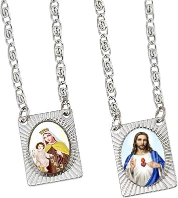 Catholica Shop Stainless Steel Chain and Medal Scapulars with Sacred Heart of Jesus & Our Lady of Mount Carmel Icons Catholic Devotional Religious Necklace for Women & Men - 14 Inch - Escapularios Catolicos