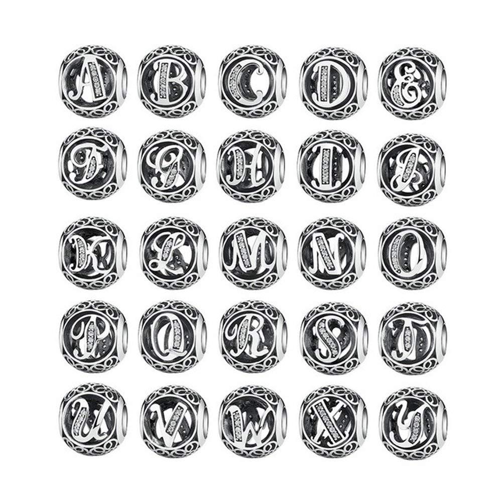 NINGAN Argent Sterling 925 Charme Lettre de l'alphabet Femmes Pearl Charms avec 5A Zircone Compatible pour Européen Bracelets