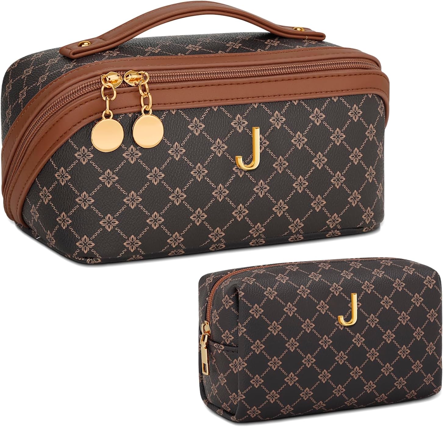 Initial Travel Makeup Bag for Women, Open Flat Cosmetic Organizer Toiletry Case, Personalized Gift for Mom Wife Friend Teacher(Coffee,J)