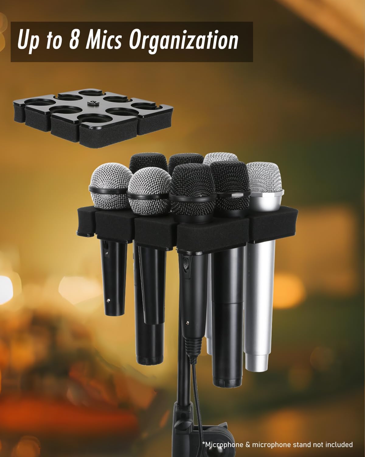Numhag Multi Microphone Holder Holds Up to 8 Mics, Ideal Mics Holder for Stage Organization and Display, with 3/8""-16 Threaded Adapter, Aluminum, Black, Numhag_micholder_fx_8_00188