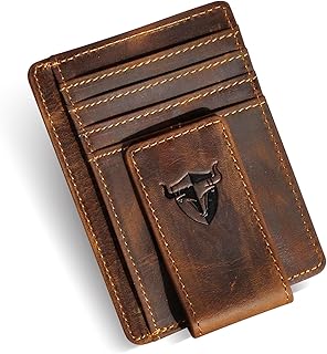 RFID Genuine Leather Money Clip Wallet, Credit Card Case Holder, Front Pocket Slim Wallet, Wild Style (A Brown)