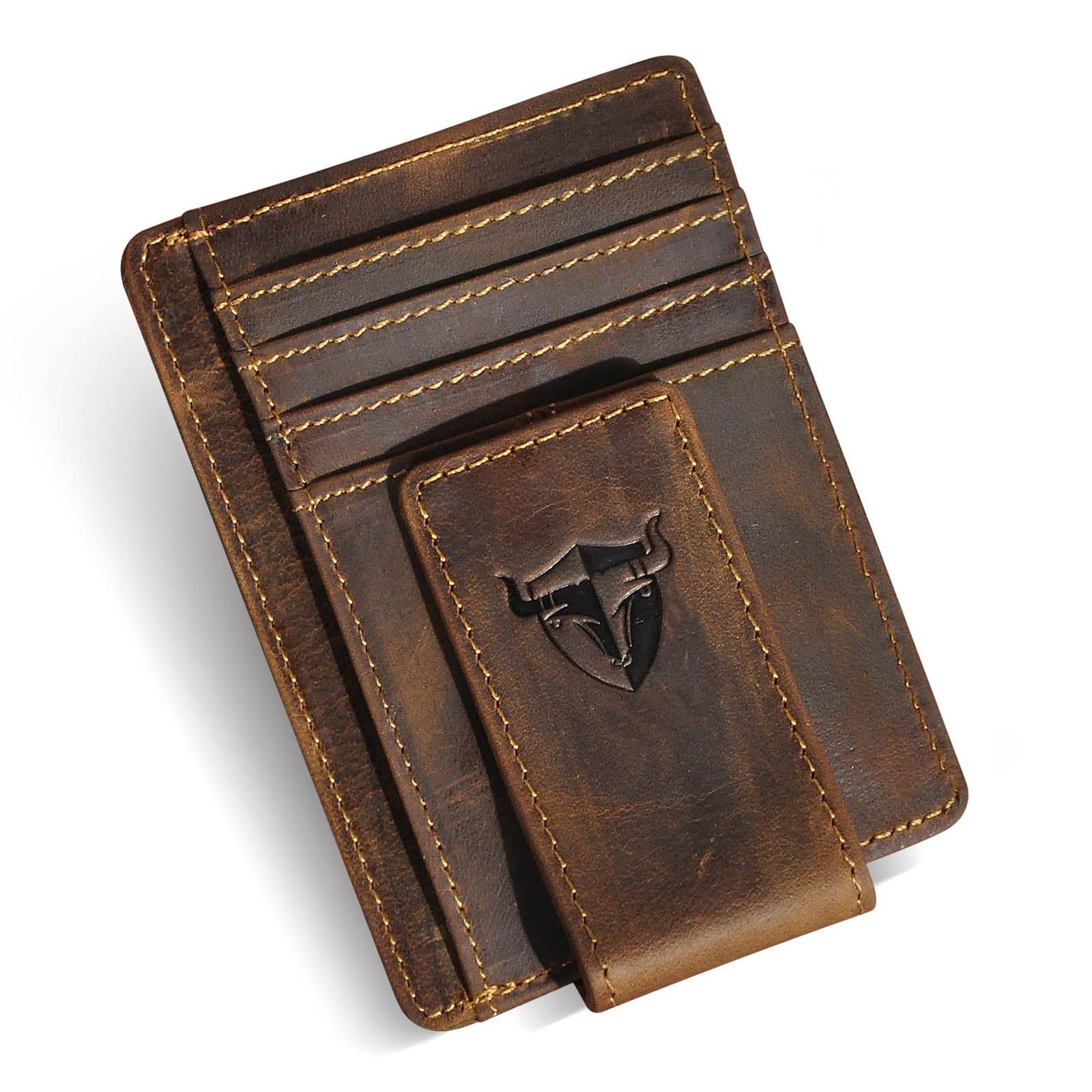 Nujenren RFID Genuine Leather Money Clip Wallet, Credit Card Case Holder, Front Pocket Slim Wallet, Wild Style, A Brown, M, Custom