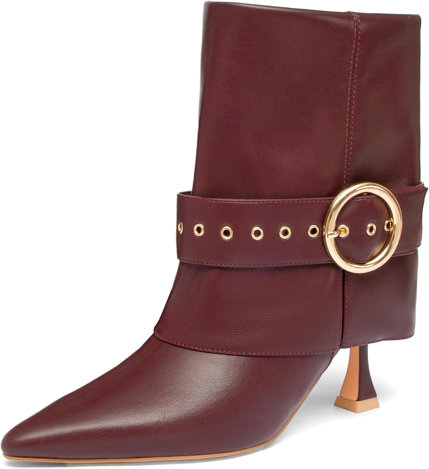 NEWBELLA Women's Pointed Toe Ankle Boots – High Heel Short Booties with Gold Buckle Strap, Slip-On Side Zipper Fashion Dress Boots for Fall Winter