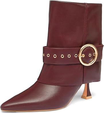NEWBELLA Womens Pointed Toe Ankle Boots High Heel Short Booties with Gold Buckle Strap, Slip-On Side Zipper Fashion Dress Boots for Fall Winter