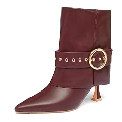 NEWBELLA Womens Pointed Toe Ankle Boots High Heel Short Booties with Gold Buckle Strap Slip-On Side Zipper Fashion