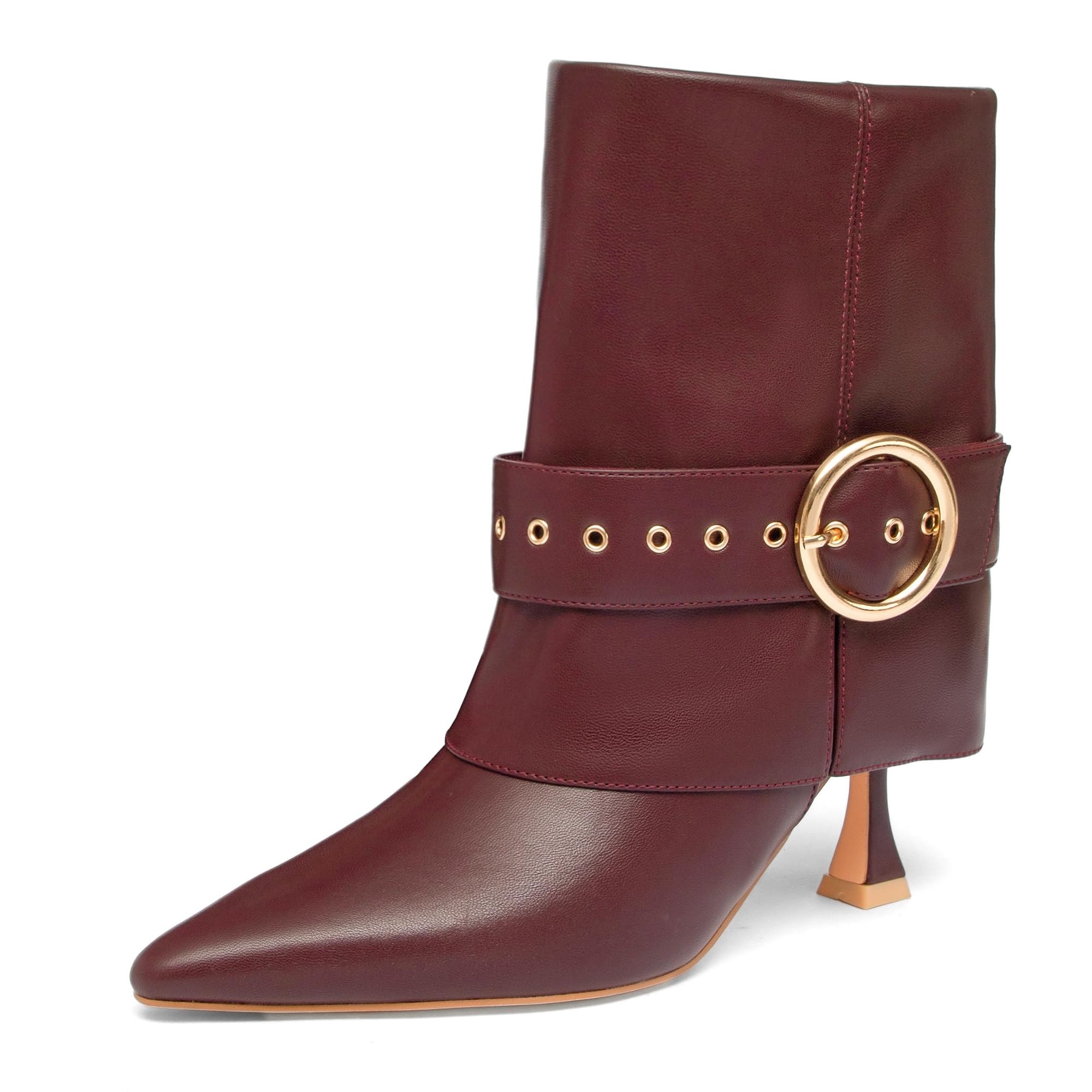 NEWBELLA Womens Pointed Toe Ankle Boots High Heel Short Booties with Gold Buckle Strap Slip-On Side Zipper Fashion