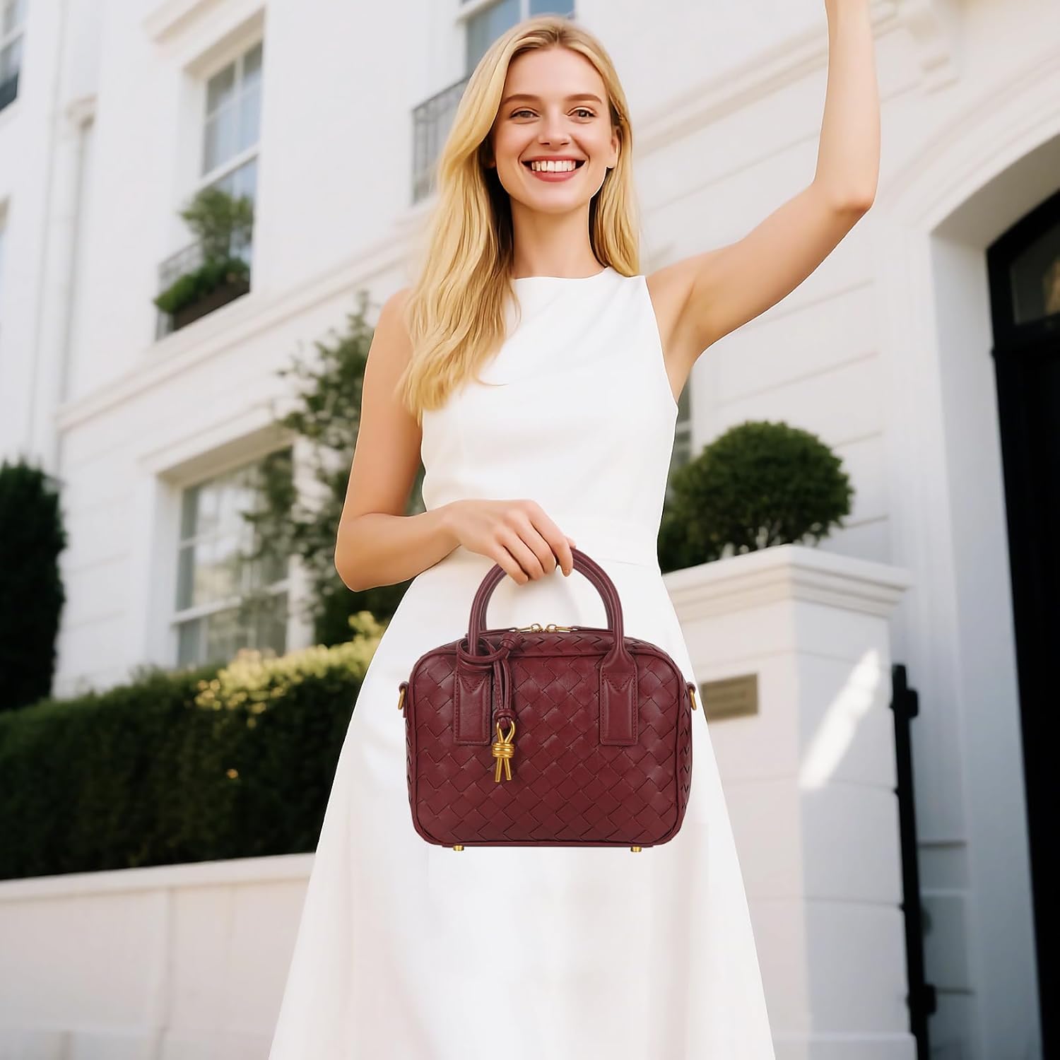 Women's Handmade Woven Top-handle Bag Fashion Leather Shoulder Handbag Crossbody Purse Woven Purse for Women - Image 3