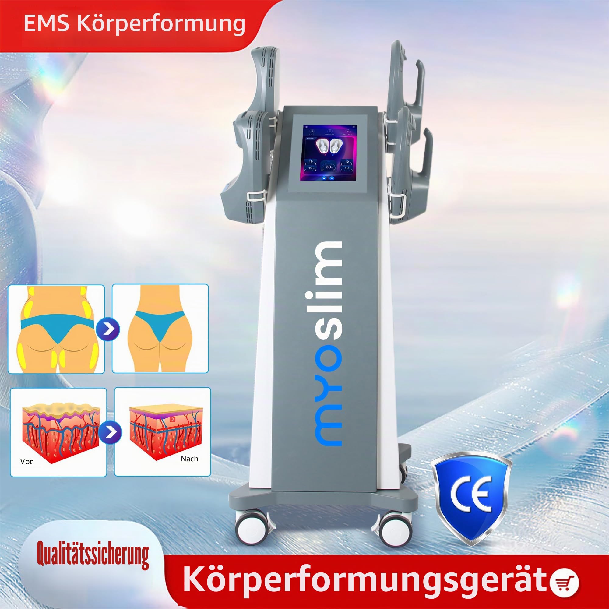 EMS Gerät zur Fettreduktion und Körperformung, zum Formen der Bauchmuskeln, Gesäß, Beine und Arme, geeignet für den Heimgebrauch oder im Schönheitssalon, 4 Griffe, Grau