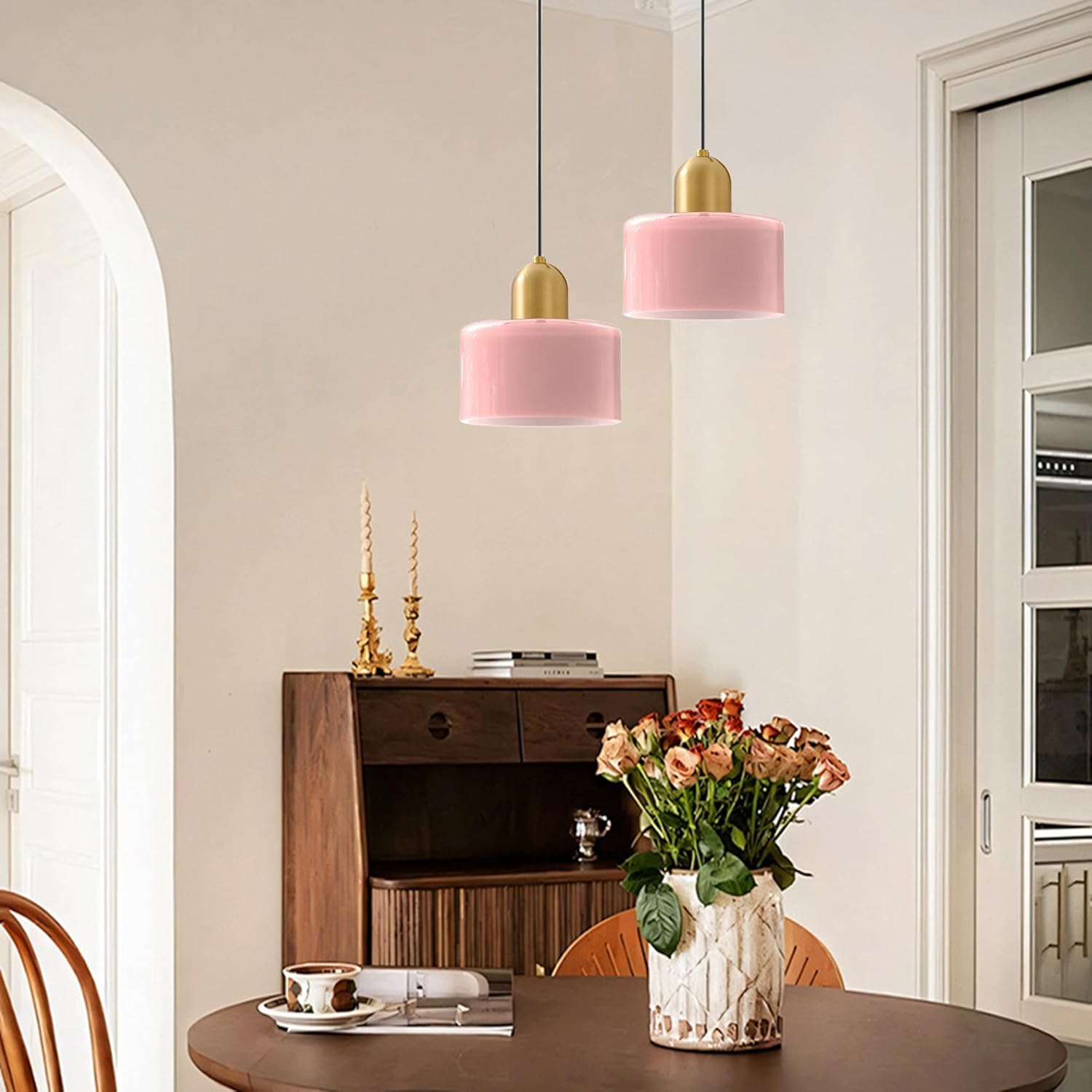 Modern Glass Pendant Light, E26 Hanging Light Fixture with Gold Metal Socket, Adjustable Cord Ceiling Lighting for Kitchen, Dining Room, and Bedroom (Pink)