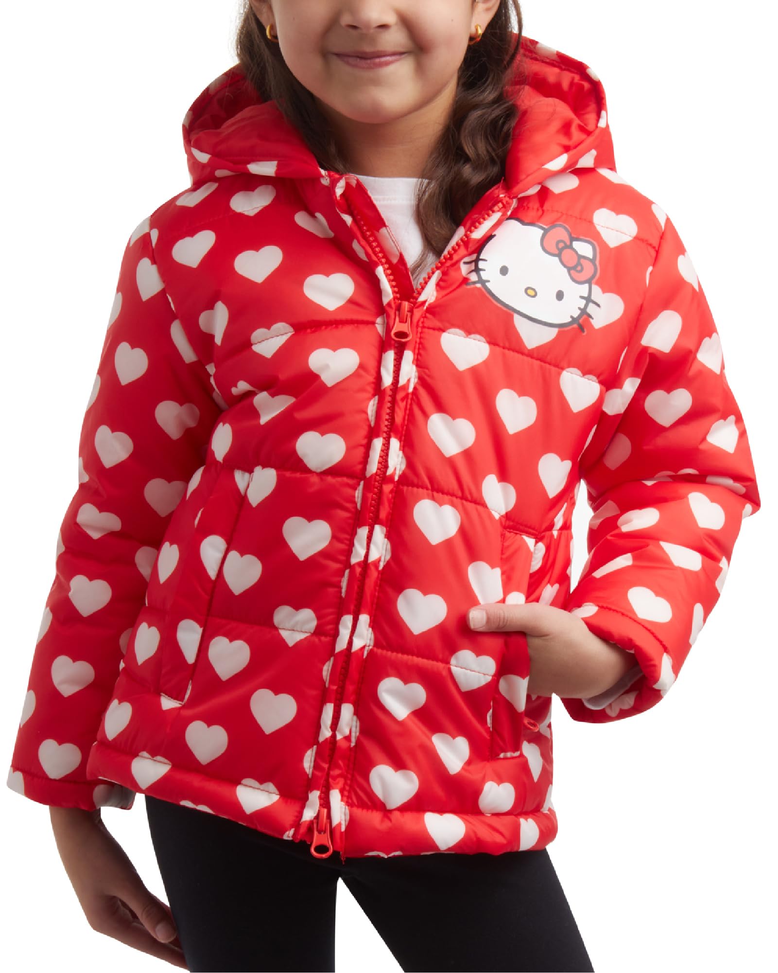 Hello Kitty Girls Red Puffer Jacket For - Hooded (3T-7), Size 4T,