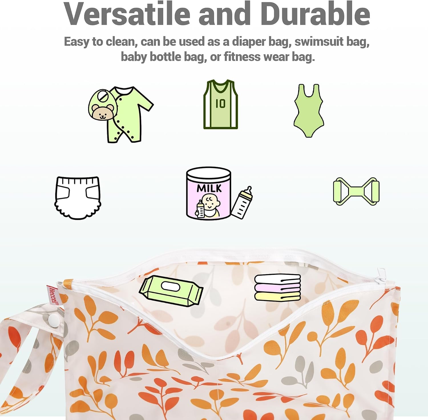 HECCEI Wet Dry Bag, 2-Pack Reusable Waterproof Wet Bags for Swimsuits & Baby Clothes, Leakproof Cloth Diaper Wet Bags for Travel & Diaper Changes (Little Sprouts)