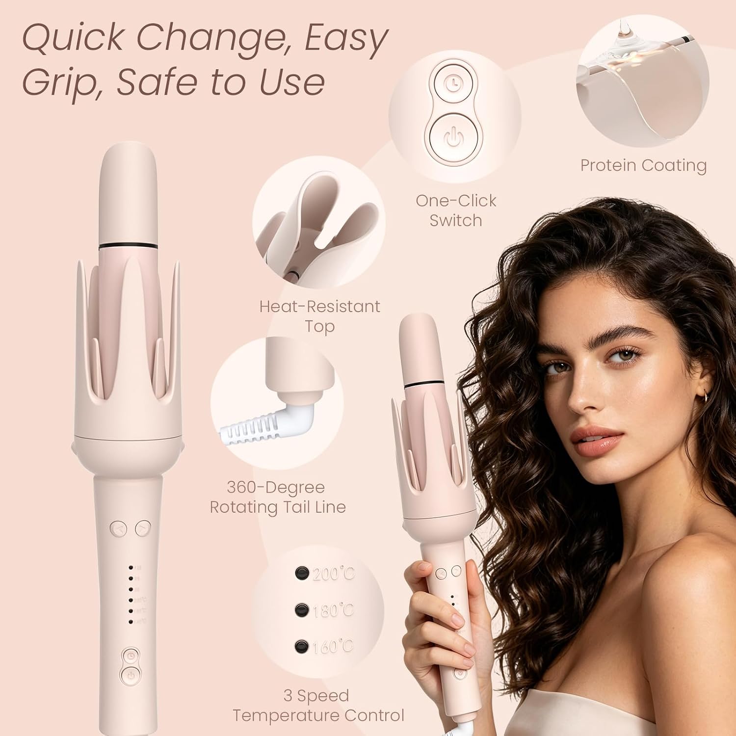 Vinid Automatic Rotating Curling Iron, 4-in-1 with Interchangeable Barrels & Brush, 200M Negative Ions, Dual-Slot Anti-Tangle