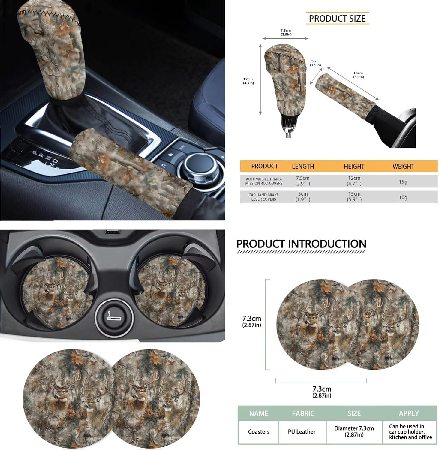 Car Seat Cover Sets Full Set Deer Camo Hunting Print Front and Rear Car Seat Covers with Steering Wheel Cover Headrest Covers Seatbelt Pads Center Console Pad for Men Women