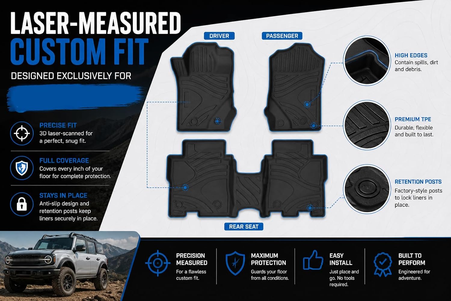 Black Horse Totaliner Heavy Duty Floor Liner Compatible with 2021-2026 Ford Bronco (4-Door), Precisely Molded Anti-Skid All-Weather Floor Liner Set, Black-FMFBR22