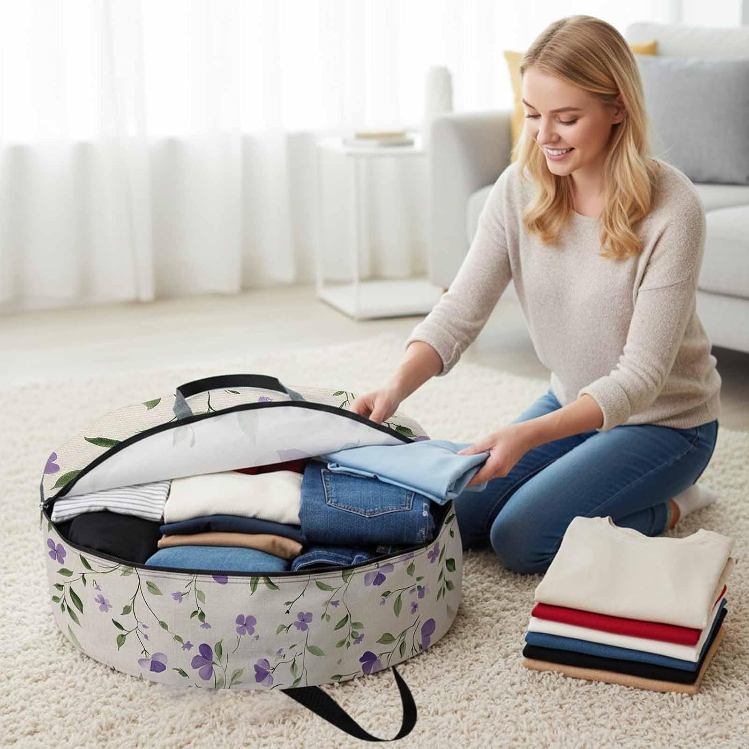 Spring Flowers Round Storage Bag 36 Inch, Purple Floral Leaf Vintage Clothes Storage Container with Handles Heavy Duty Organizer for Comforter, Bedding & Holiday Wreaths