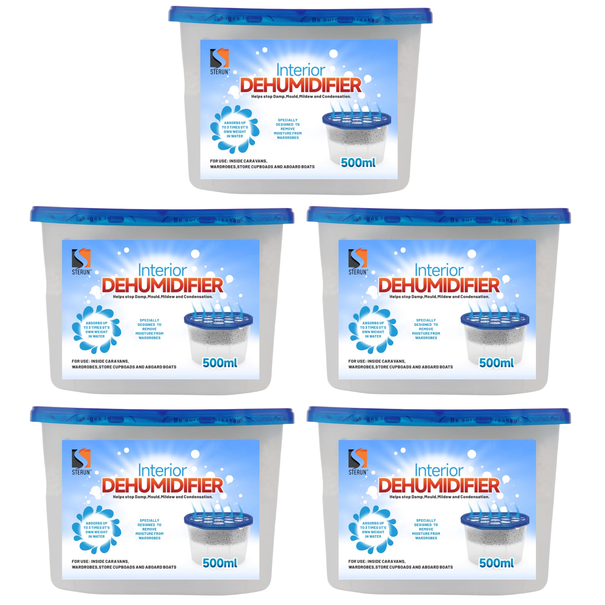 STERUN Interior Dehumidifier Disposable 5 Pack, 500ml– Moisture Absorber for Damp, Mould, and Condensation – Ideal for Home, Wardrobe, Bathroom, Caravan, Garages