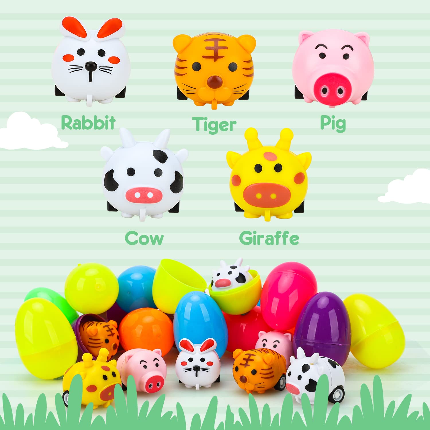 TOY Life Easter Egg Fillers with Bunny Pull Back Car, Plastic Easter Eggs with Toys Inside, 15 Easter Bunny Animal Toy Car, Easter Eggs for Egg Hunts, Easter Basket Stuffers Gift Kid Toddler Boy