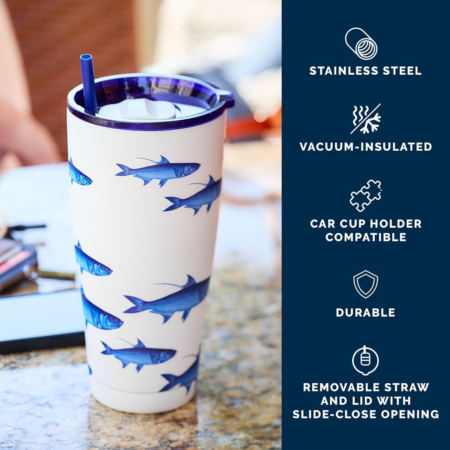 Caskata School of Fish Stainless Steel Insulated Tumbler | Cup, Lid & Straw Set for Travel, Commuting, & School | Perfect for Birthday, Christmas & Holiday Gifts | Blue on White Color | 30 oz