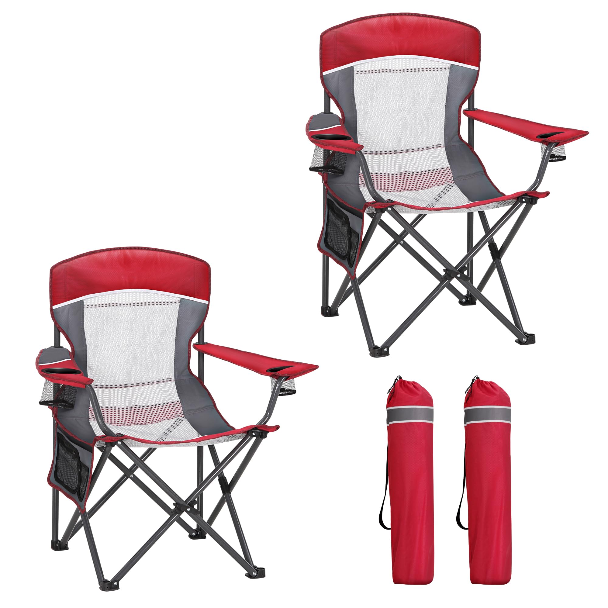 ALPHA CAMP Camping Folding Chair for Heavy People Portable Heavy Duty Chair Support 160 KG Oversized camp chair Outdoor for Adult with Cup Holder and Side Pocket, Red， 2pcs