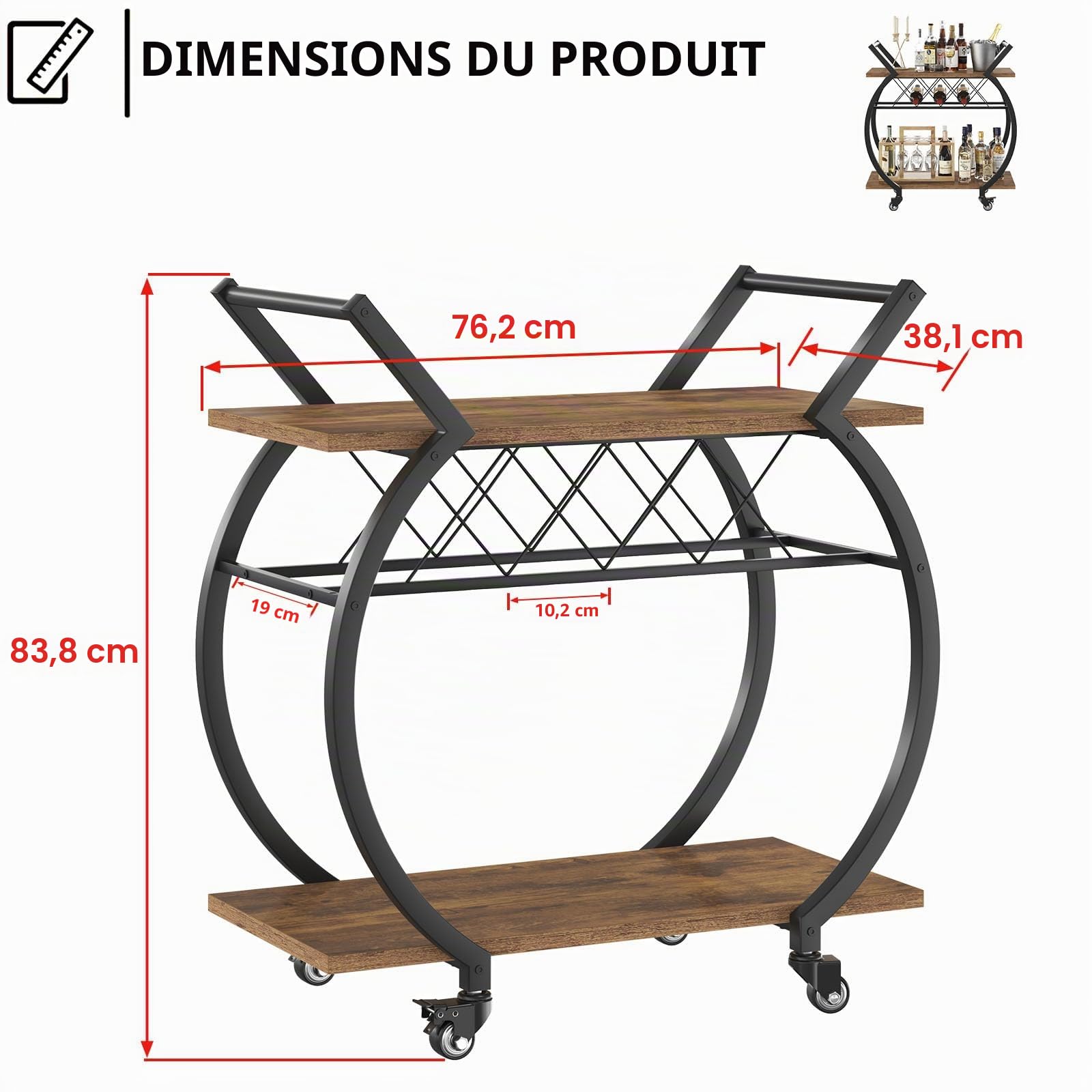 LVB Chariot Bar À roulettes Métal Rangement Bouteille Cuisine Brun Rustique | Desserte Cuisine Salon Rangement Bouteilles Spiritueux Aperitif Roulettes Silencieuses Design Bois Métal Intérieur Exterieur