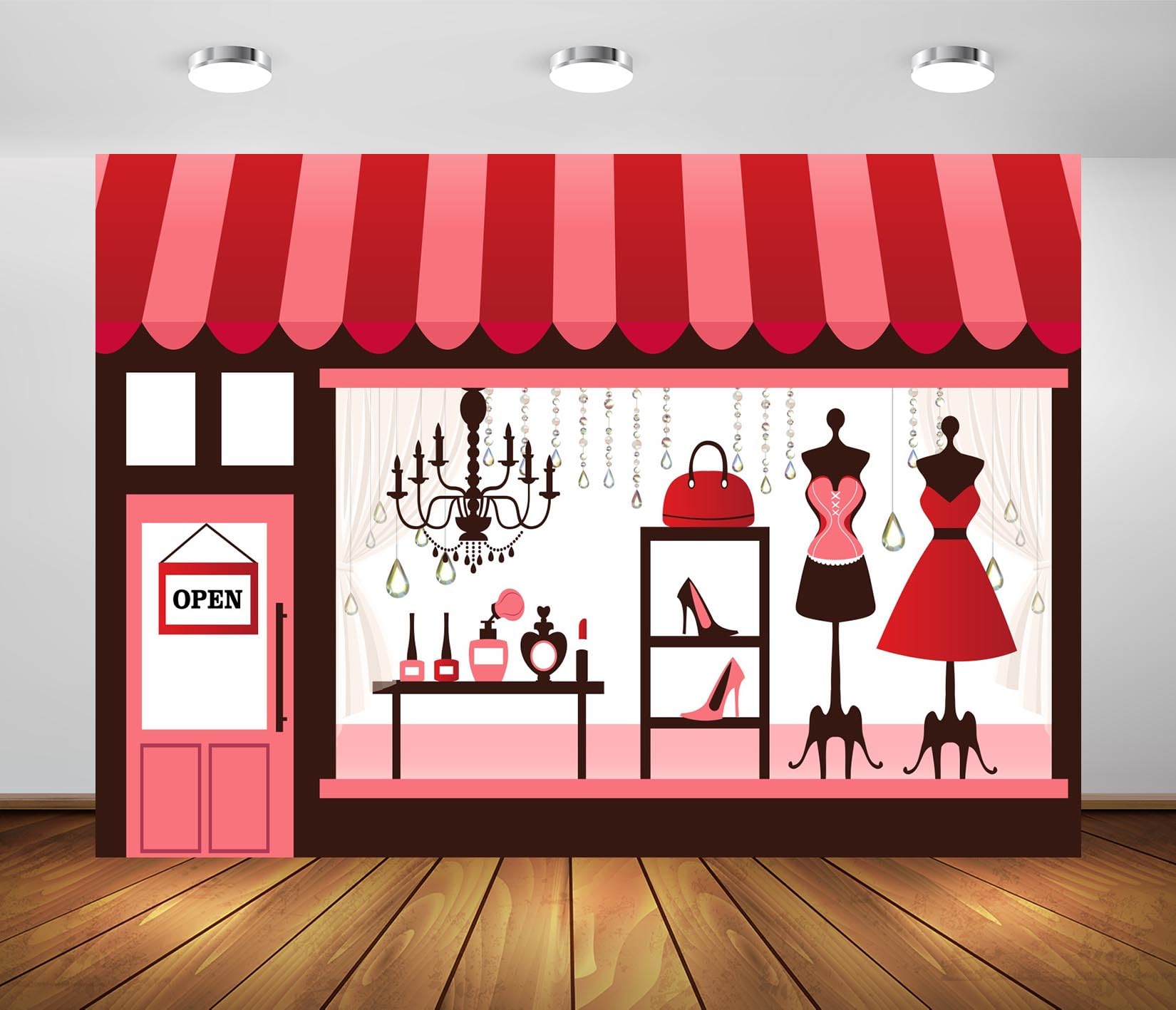 Amazon.com: BELECO 7x5ft Fabric Boutique Clothing Store Backdrop Ladies  Clothing Shop Window with Dress High Heels Chandelier, Showroom Background  Women Girls Party Decorations Birthday Shoot Photo Prop : Office Products