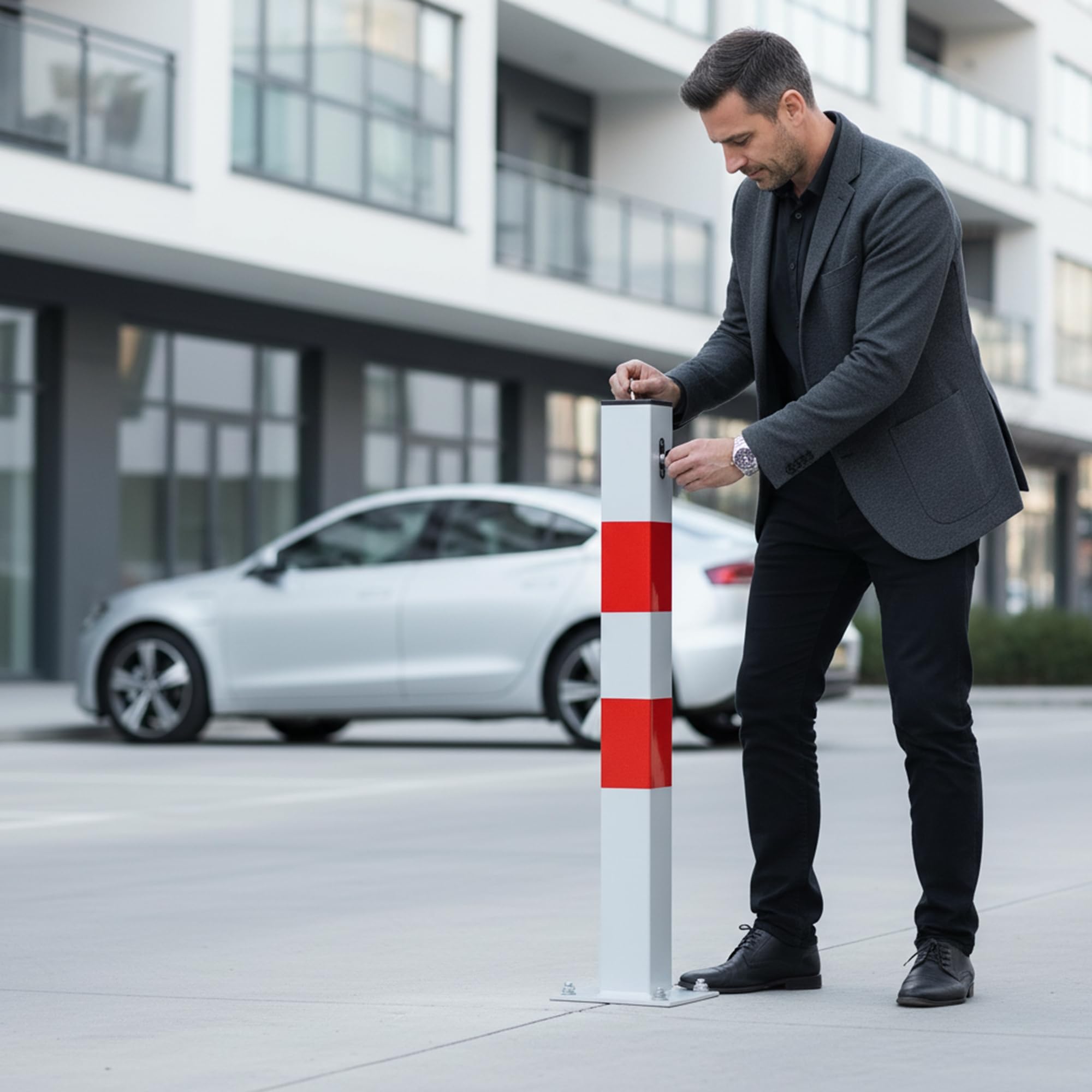 Mucola Parkpfosten vertikale Parksperre Grau Rot – Absperrpfosten klappbar mit Schloss 70cm hoch | Stabiler Stahl verzinkt, Sperrpfosten Poller für Parkplatz Einfahrt Grundstück Hofeinfahrt