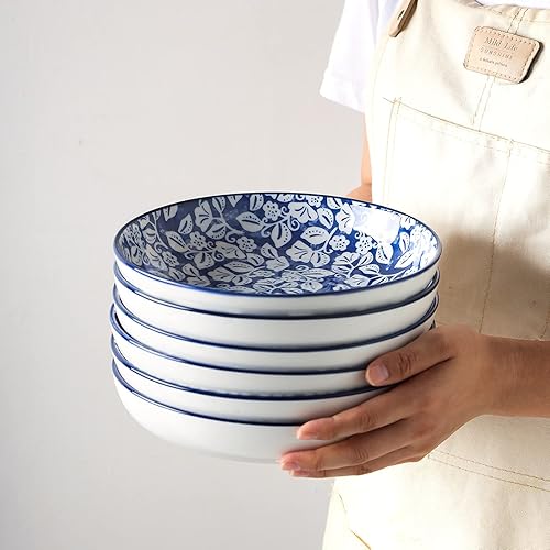Miniatura 7 de Selamica Cuencos de porcelana para pasta y ensalada, aptos para microondas y lavavajillas, resistentes y apilables, 26 onzas, juego de 6, azul