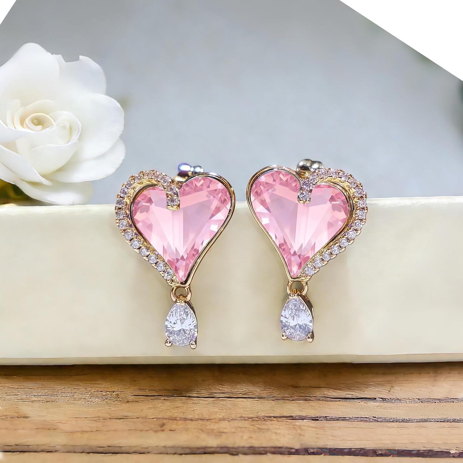 Austrian Crystal Heart Stud Earrings for Women Trendy Halo Drop Earrings 14K Gold Plated Hypoallergenic Jewelry - Image 3