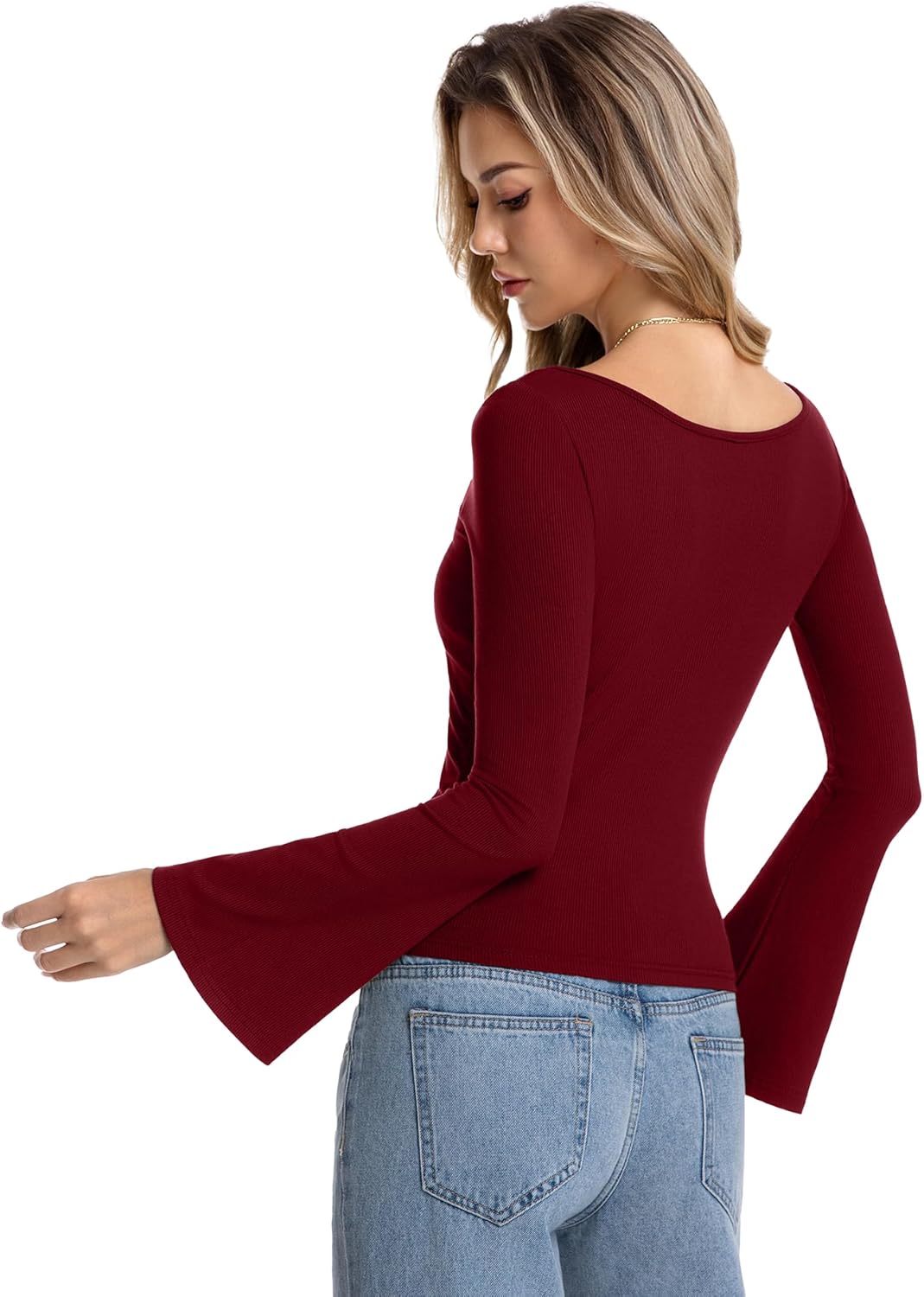 2 Pack Women's Long Sleeve Shirts Casual Boat Neck Bell Sleeve Ribbed Tops Fitted Going Out Tops - Image 6