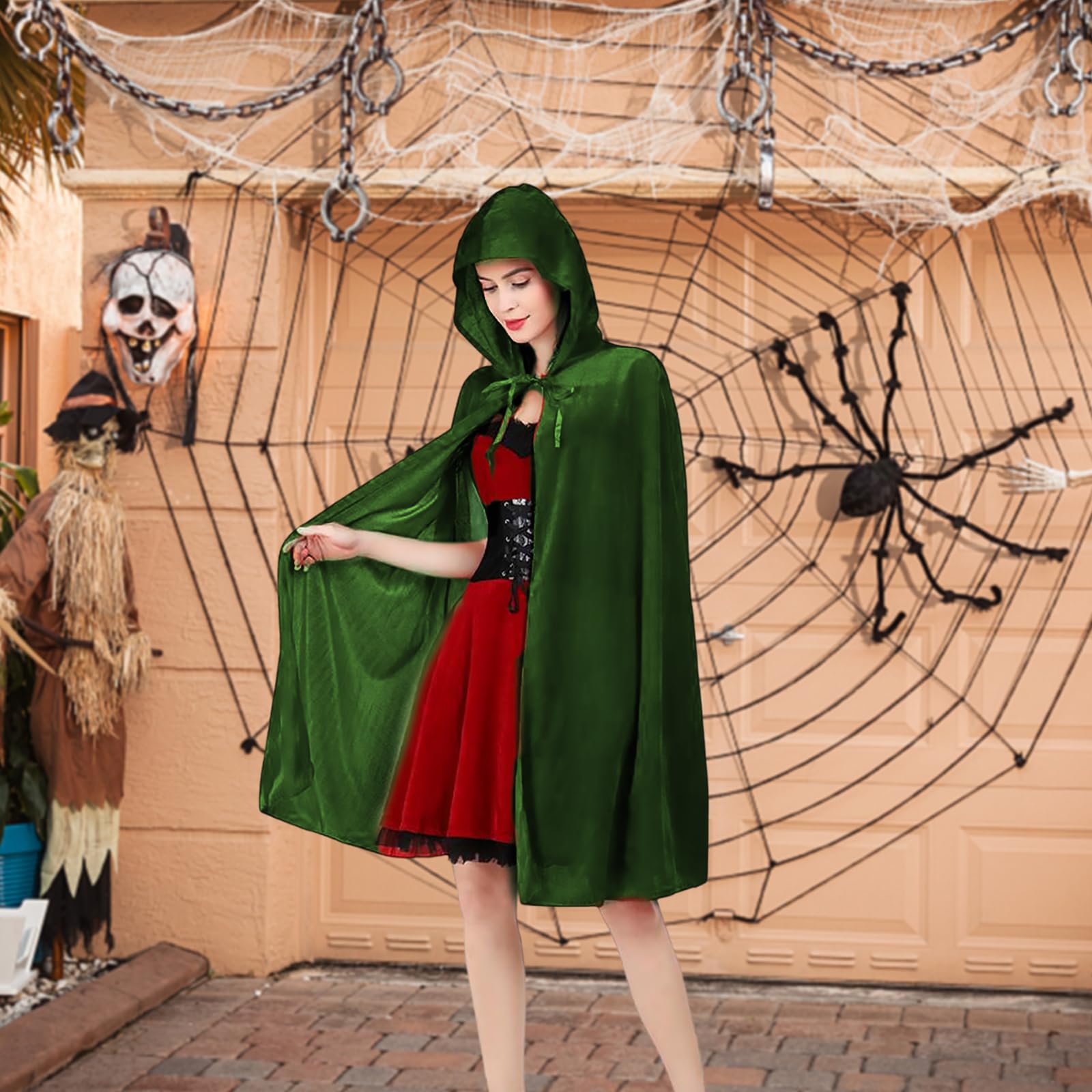 UILYNIU Green Cape Hooded Cape Witch Velvet Cloak Halloween Cosplay Accessories Kids Fancy Dress Costume Witch Velvet Vampire Hooded 90cm Costumes Christmas World Book Day. (Green) (Green) - Image 3