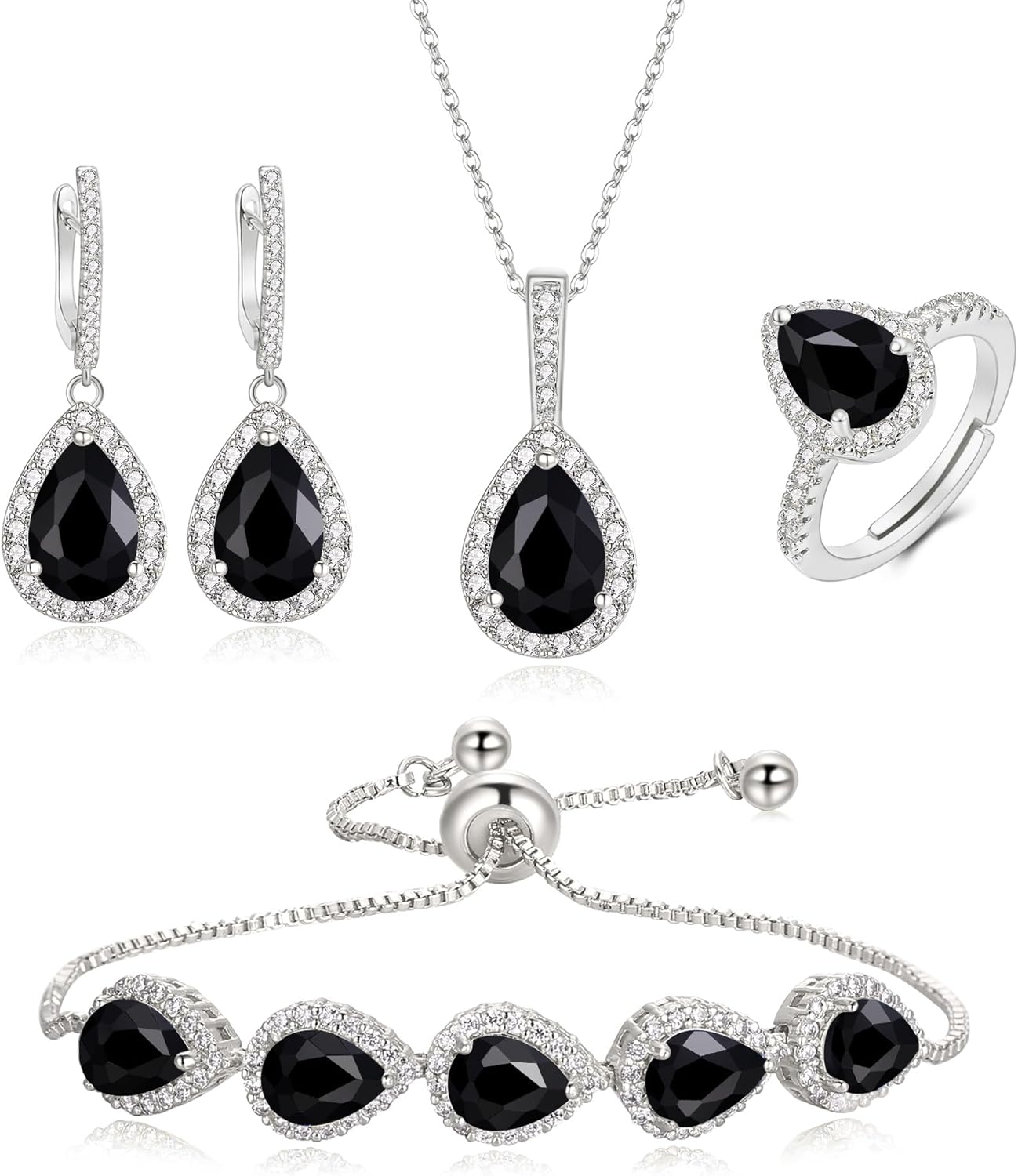 Crysdue Wedding Bridal Teardrop CZ Pendant Necklace Open Ring Dangle Earrings Adjustable Slider Bracelet Jewelry Set, Birthday Mothers Day Christmas Jewellery Gift for Women/Mom/Wife