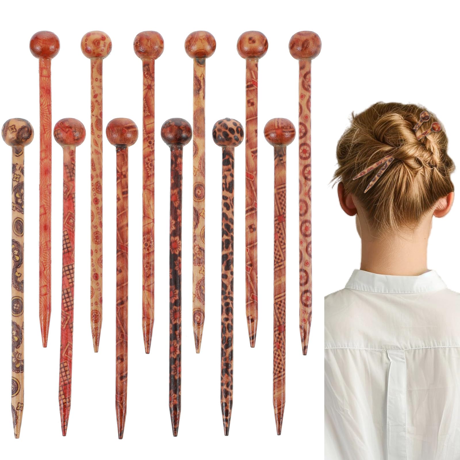 12 PCS Wooden Hair Sticks, Boho Vintage Japanese Chinese Hairpin Decorative Hanfu Pins Bun Holders Hair Chopsticks for Women Girls Chignon Bun Updo Hairstyle Accessories