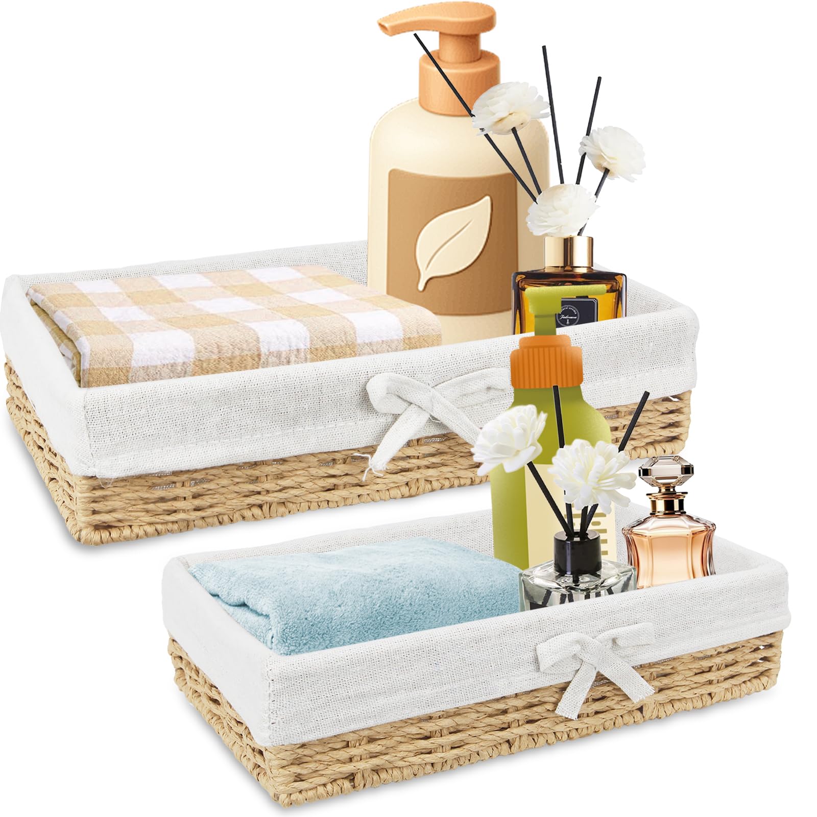 CEWUDA 2Pcs Bathroom Basket Toilet Paper Organizer for Toilet Tank Trays Beige Bathroom Wicker Storage Basket with Fabric Liner for Toilet Tank Topper Countertop Shelves Home Storage Bins