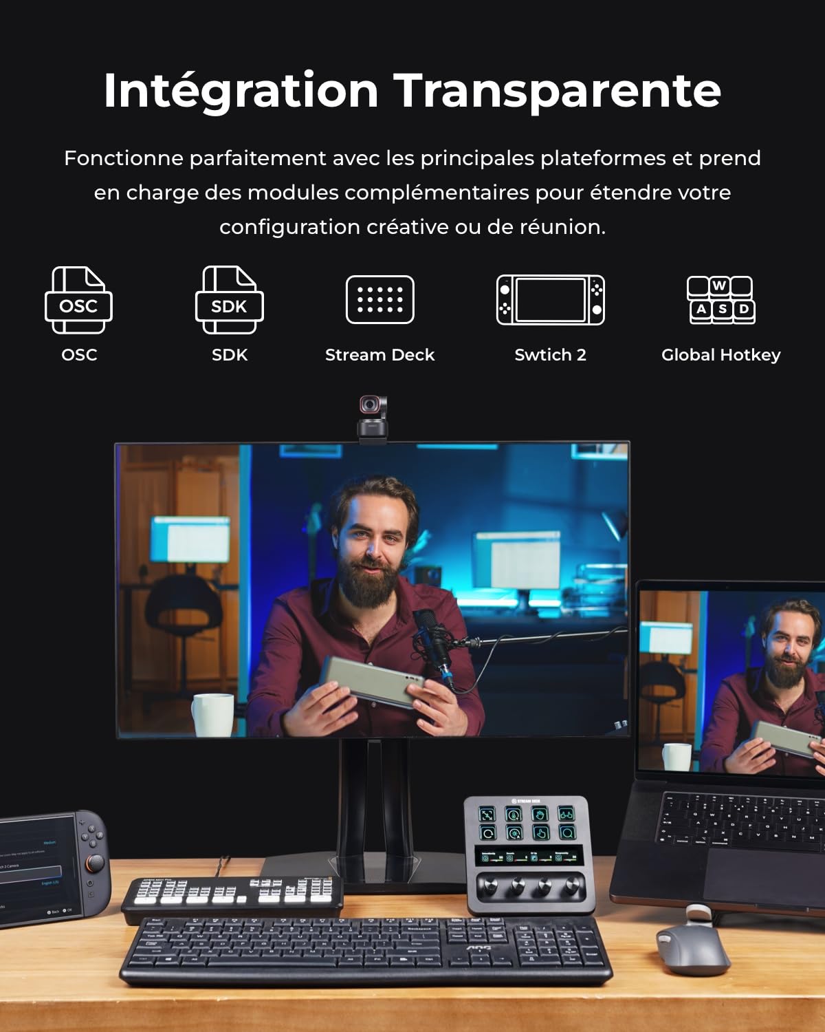 OBSBOT Tiny 3 AI-Powered Spatial Audio 4K Webcam, AI Tracking PTZ Caméra | Capteur 1/1,28", Triple Micro, Commande Vocale Et Gestuelle, 120FPS, HDR, Webcam Pour PC, Laptop, Streaming, Réunion, Switch2