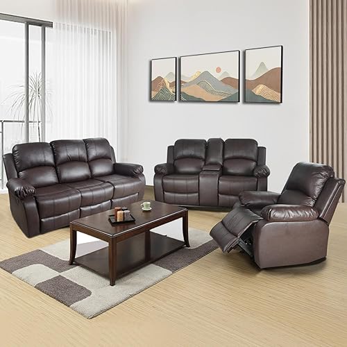 Leather Recliner Sofa Set, Reclining Sofa and Loveseat, Recliner Armchair, Brown Leather Couch Set, Recliner Furniture Set for Living Room/Bedroom/Office