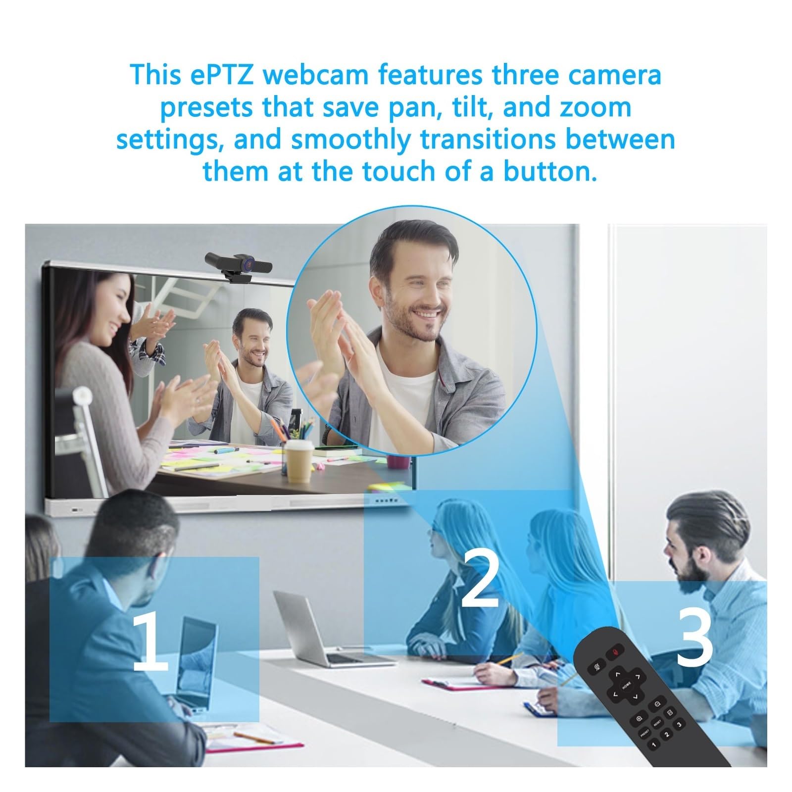 Webcam USB da 2,5 K con videocamera for conferenze con Zoom Digitale 4X 165 Gradi FOV 3 preimpostazioni for PC, TV e riunioni di Formazione