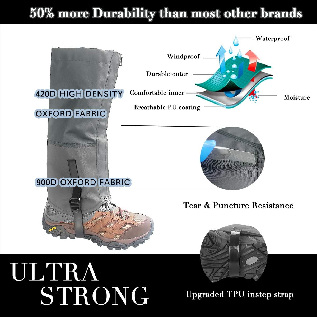 Frelaxy Leg Gaiters, Hiking Gaiters, Ultra Strong 900D Oxford Gaiters for Hunting, Waterproof and Adjustable Snow Boot Gaiters for Skiing Motorcycle Snowshoeing Men & Women : Sports & Outdoors