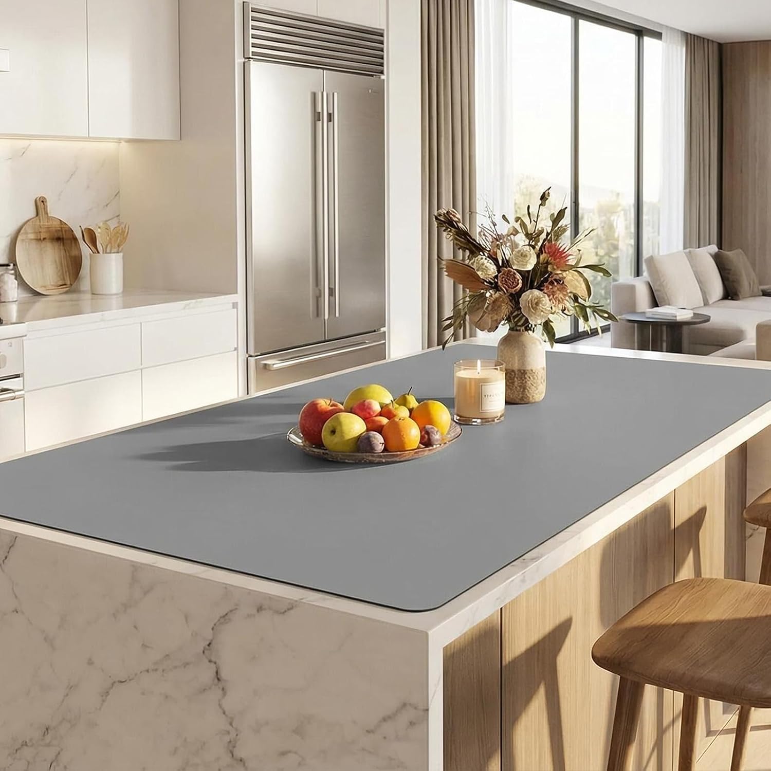3FT x 5FT (90cm x 150cm) Silicone Kitchen Island Mat, 1.5mm Thick Waterproof Heat Resistant Non-Slip Cuttable Countertop Protector for Kitchen & Dining Table (Gray, Large)