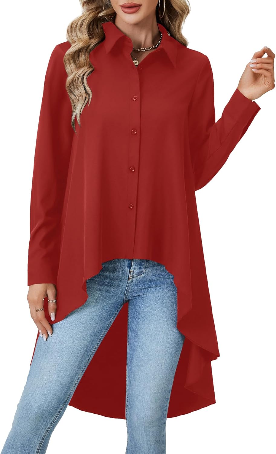 OPOIPIN Women's Button Down Asymmetrical Hem Collar V Neck Long Sleeve Blouse Top - Image 4