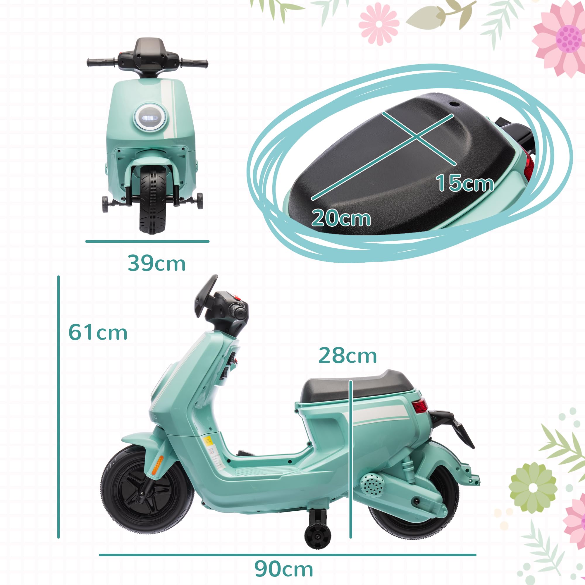 AIYAPLAY Kinder Elektro-Motorrad, 6V Kindermotorrad mit Scheinwerfer, Musik, Vor- und Rückwärtsgang, Trainingsräder, 1,5-3 km/h, Elektromotorrad für 1,5-3 Jahre Kinder, Grün