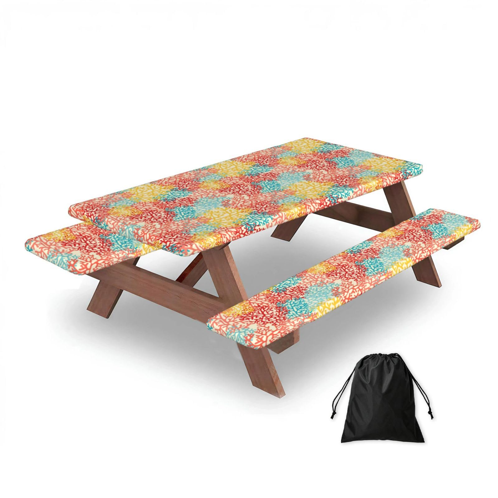 Dopklna As Picture Corals Colorful, Picnic Table Cover With Bench Covers -Waterproof Elastic Fitted Tablecloth For Garden Camping Patio 76X152cm