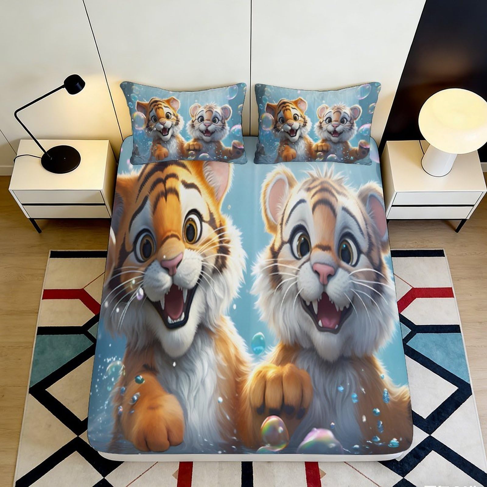 3D Printed Cute Tiger Pattern Fitted Sheet Microfiber Soft Breathable Cartoon Cubs Bed Cover for Dormitory Guest Room Mattress Protection Decoration 160x200x25cm