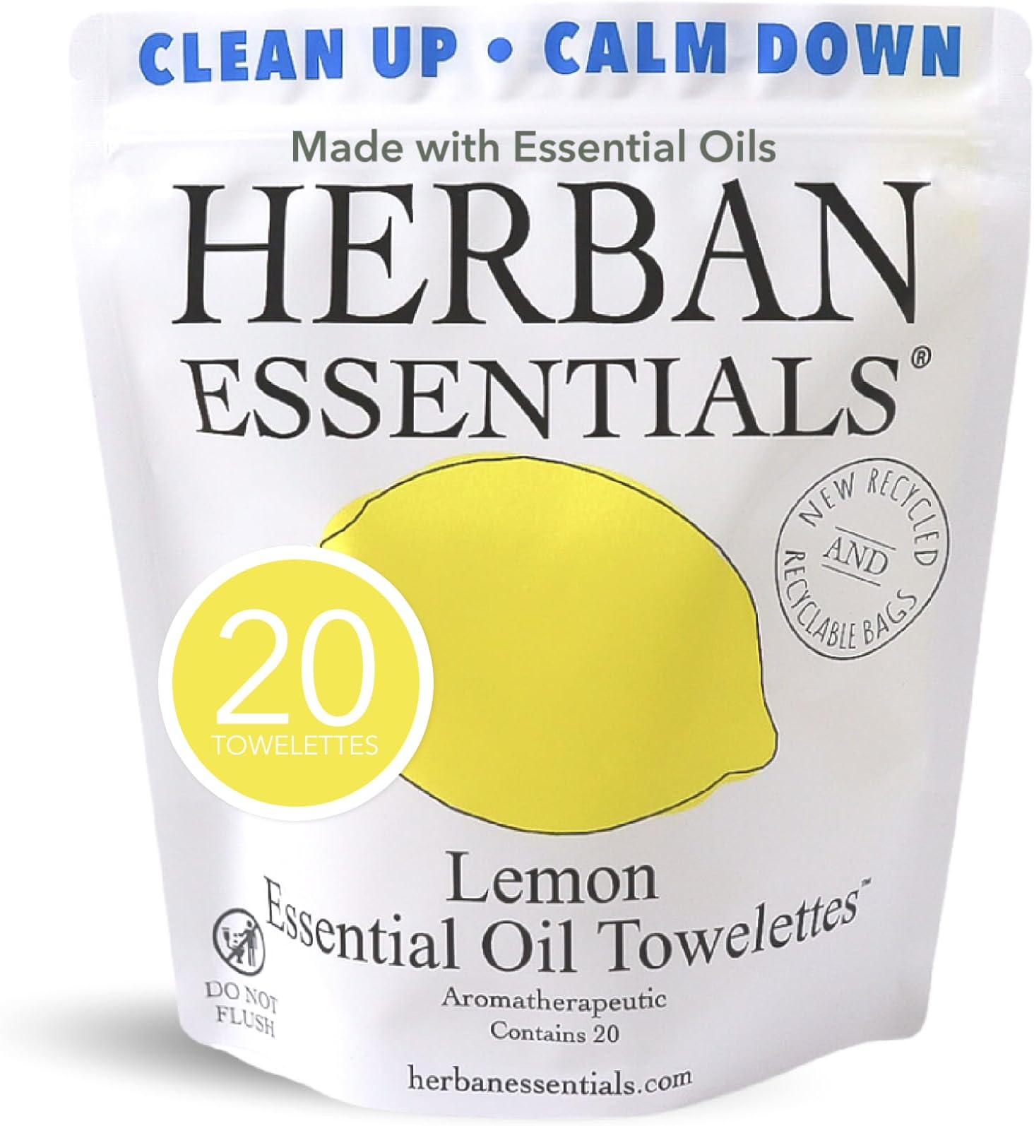 Herban Essentials - Lemon Wipes & Towelettes - Essential Oil Wipes for Make Up, Hands, Face & Body - Travel Size Essentials & Toiletries - Natural, Individually Wrapped, Disposable & Moist (20 count)